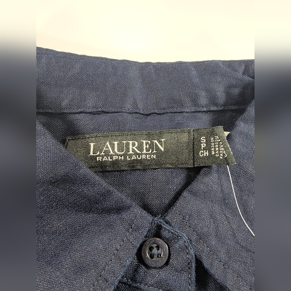 NEW Lauren Ralph Lauren 100% Linen  Button Shirt Womens Small Roll Tab Cuff Navy - Picture 2 of 10
